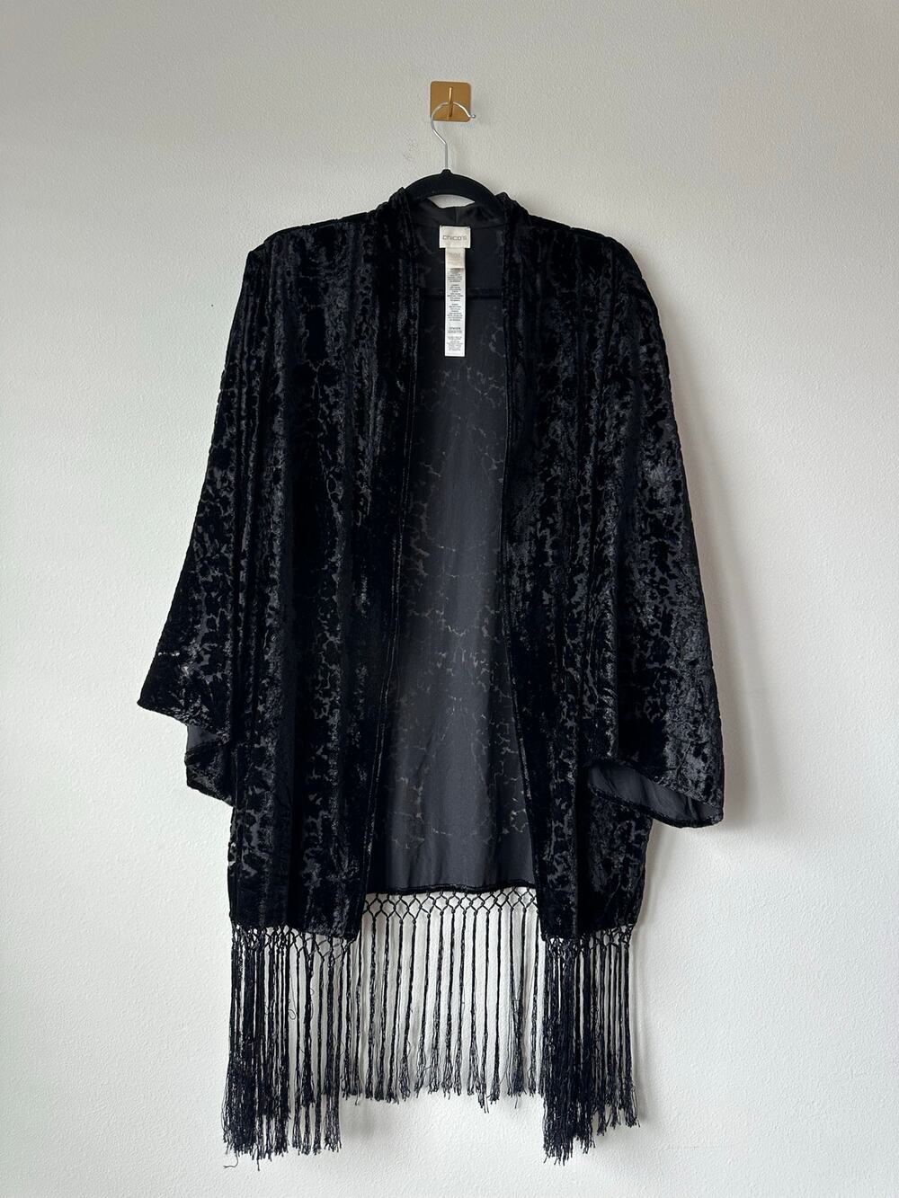 Black Burnout Velvet Fringe Kimono Witchy Gothic Boho Duster Shawl S M